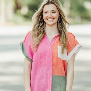 GeeGee Women’s Colorblock Button-Up Top in Pink & Coral 2XL